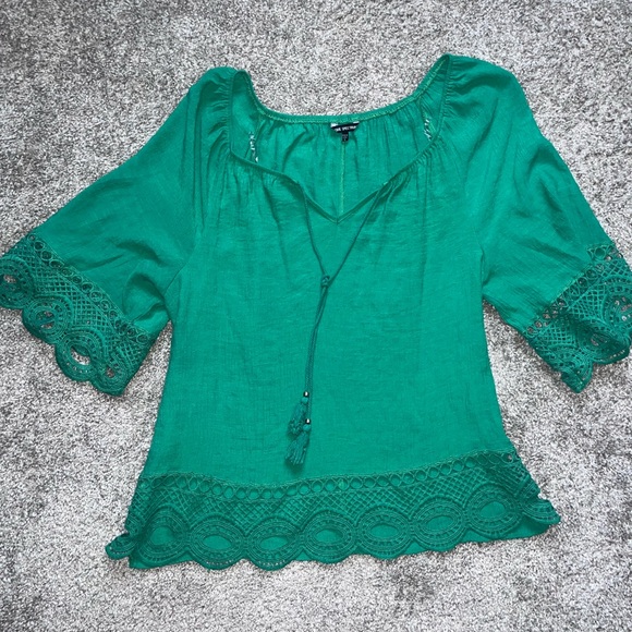 Green Knit Lace Trim Blouse - Picture 3 of 7